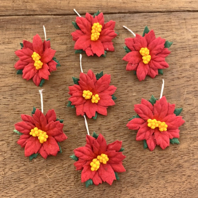 50 RED MULBERRY PAPER FLOWER POINSETTIAS - 35mm